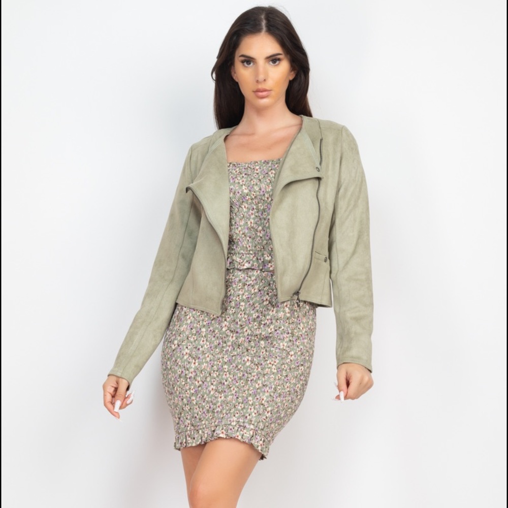 Cropped Zip-up Moto Suede Jacket